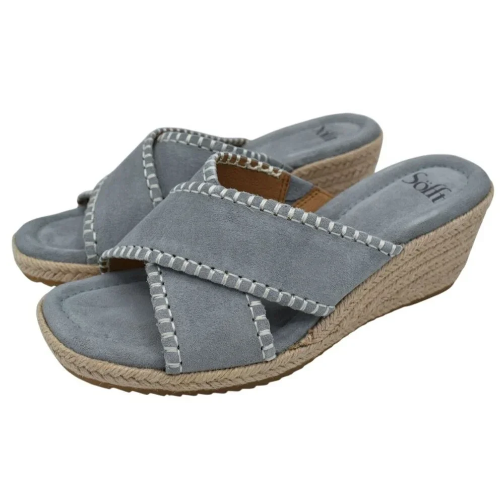 Sofft Women Size 8.5 Indie Blue Chambray Espadrille Wedge Open Toe Sandals Shoes